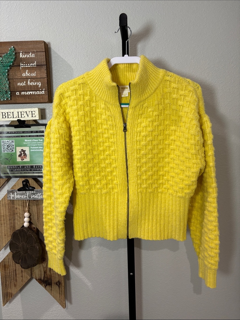 Anthropologie Bright Yellow Zip Cardigan Sweater sz M 22pp 21L